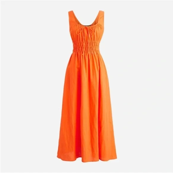 J.Crew Smocked Midi 100% Linen Dress in Tangerine Orange sz. M - Picture 2 of 8